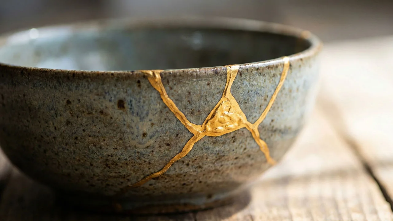 Kintsugi bowl repairing broken pottery with gold lacquer, representing trauma recovery and post-traumatic growth