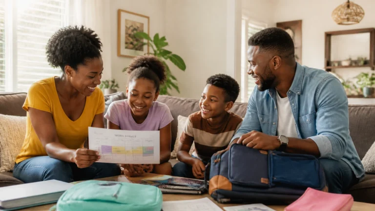 Family sitting together looking at homework