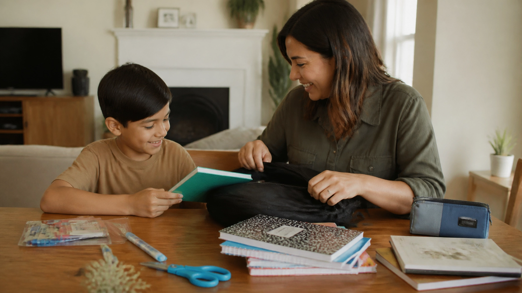 Mom and son looking through school supplied