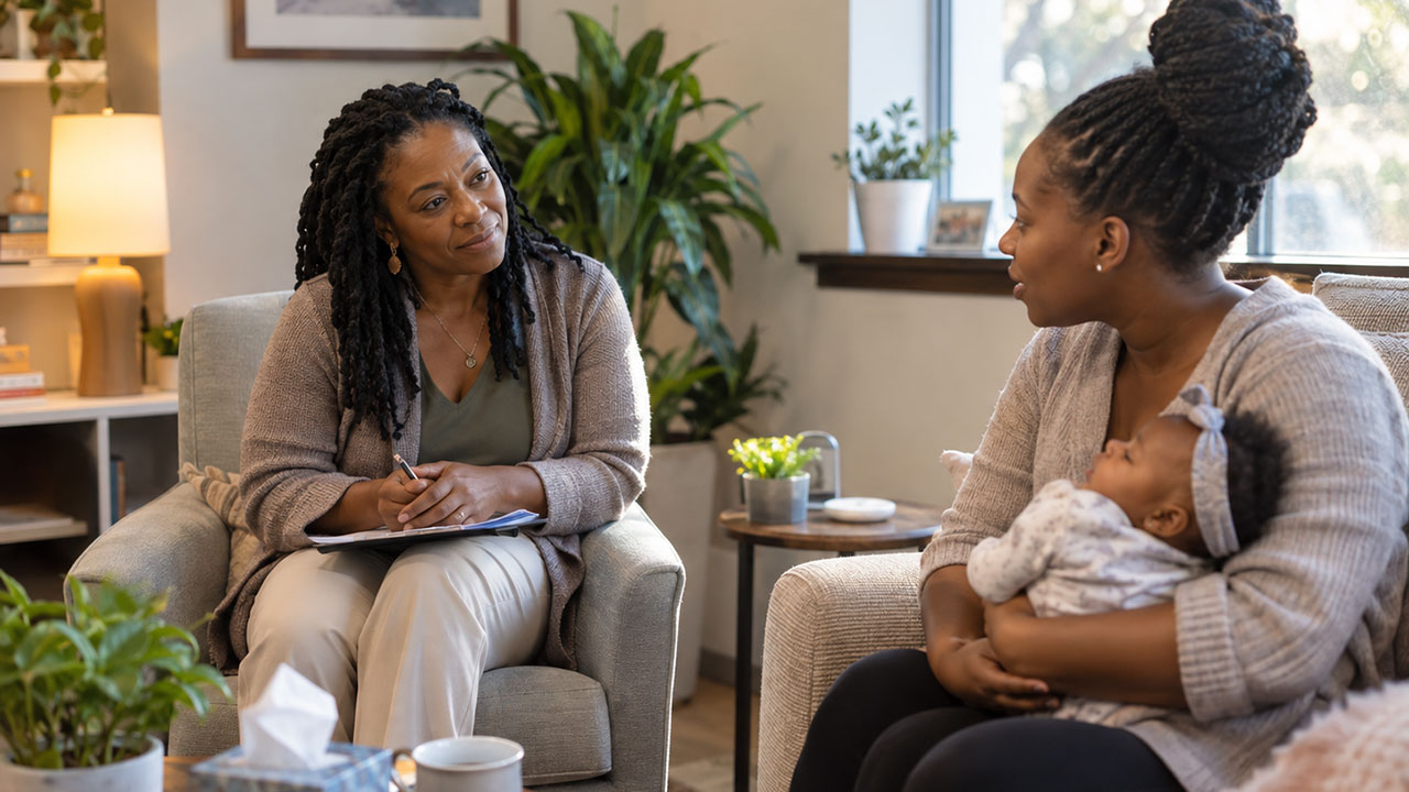 A female therapist leaning forward attentively in a warm, natural-lit therapy room, actively listening to a mother who is holding her infant during a perinatal mental health counseling session.